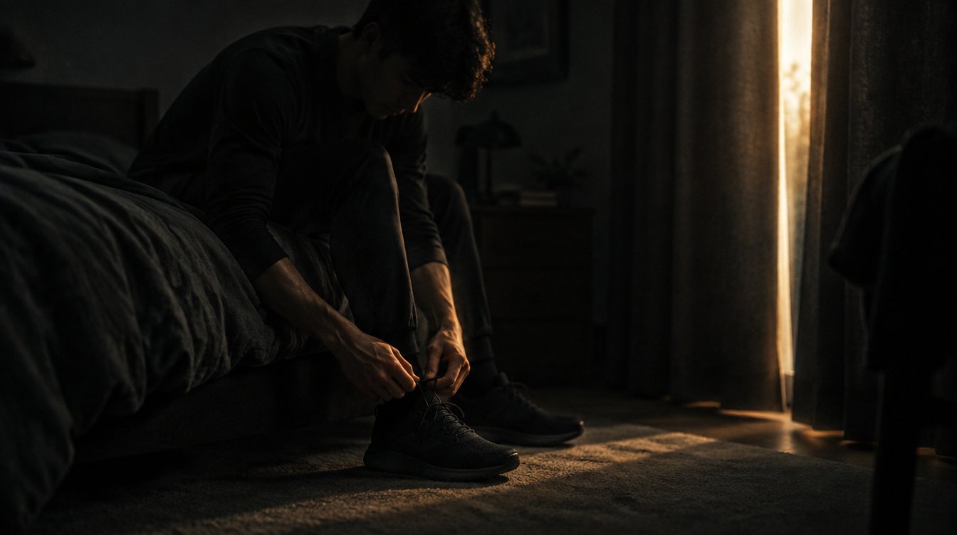 A man lacing up his shoes at dawn, the moment of deciding to start