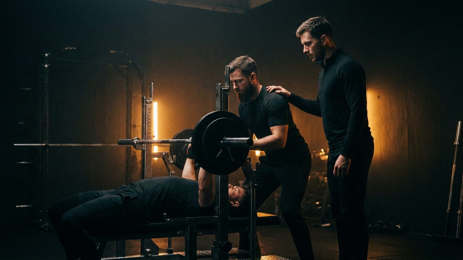 Three men training and spotting each other in a dark gym