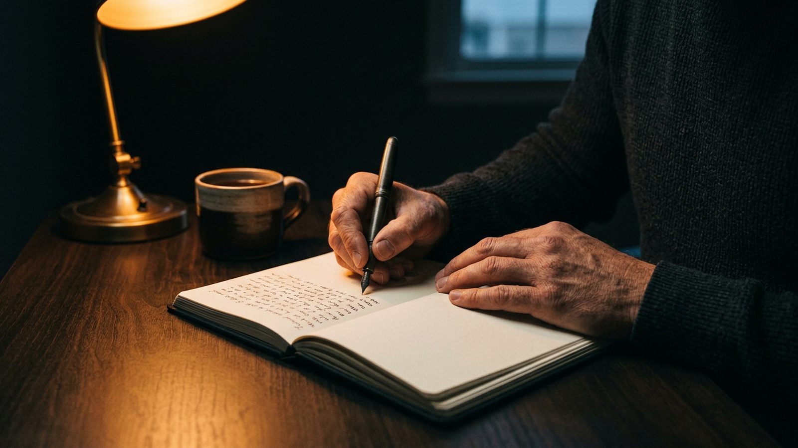 A man writing his discipline rules in a journal by warm lamplight