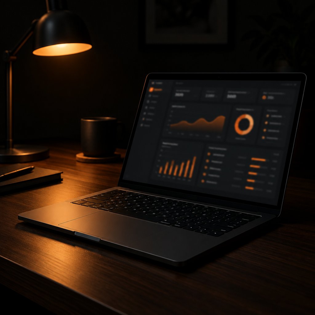 The Command Center on a matte black laptop in a dark room, lit by one amber lamp