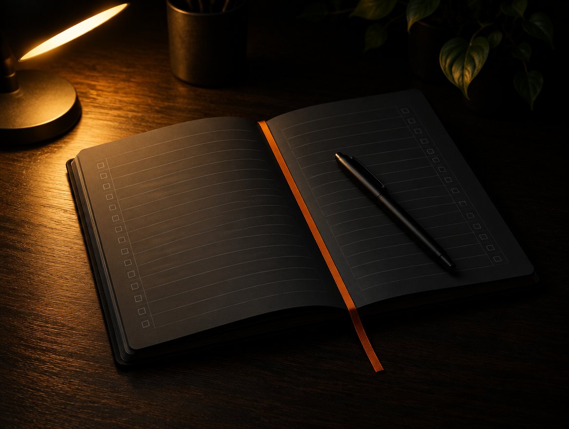 The Daily Execution Planner open on a desk under lamplight