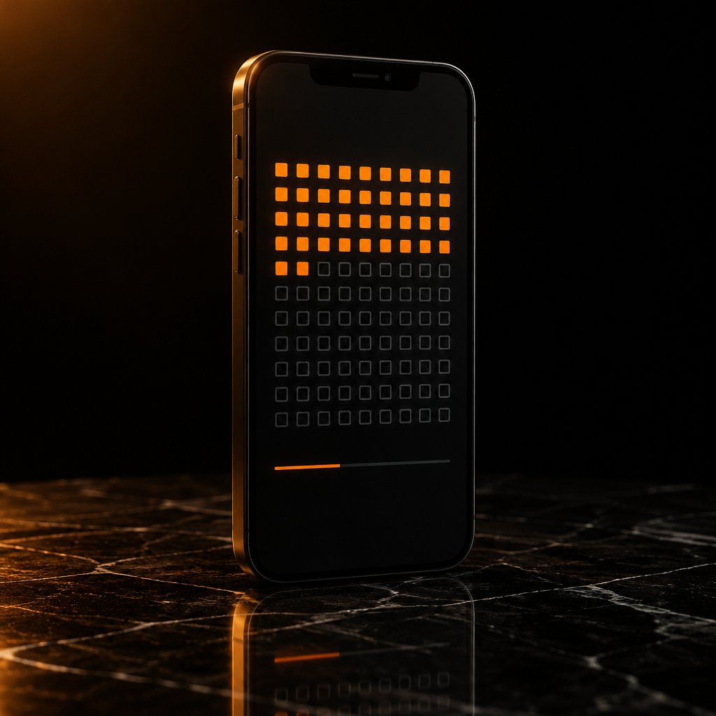 The 75-Day Tracker on a phone: a grid of 75 boxes, the first rows ticked